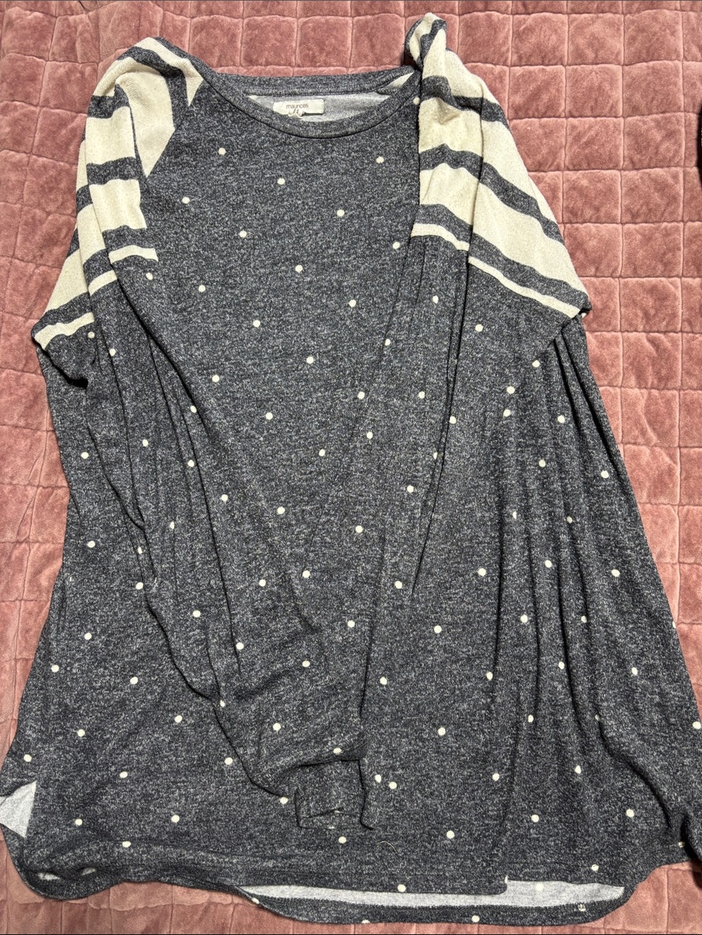 Maurices Navy Polka Dot Long-Sleeve Top with Cream Striped Shoulders